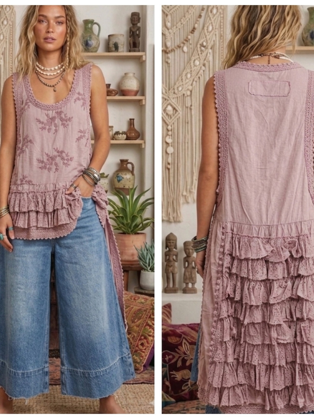 Boutique Sleeveless Mauve Ruffled Eyelit  Boho Tunic